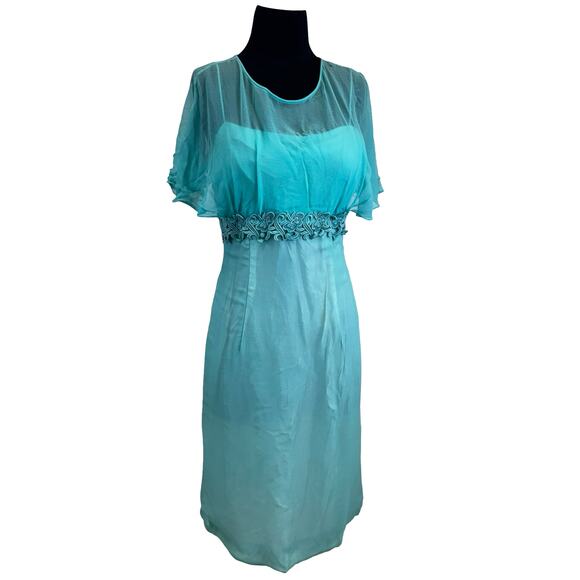 Vintage 1960s turquoise formal dress with floral trim and flutter sleeves. AS IS - Picture 6 of 14